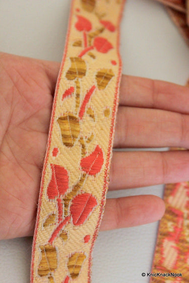 Beige, Brown And Pink Embroidery Lace Trim, Approx. 28mm Wide